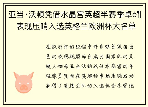 亚当·沃顿凭借水晶宫英超半赛季卓越表现压哨入选英格兰欧洲杯大名单 亚当·沃顿凭借水晶宫英超半赛季卓越表现压哨入选英格兰欧洲杯大名单